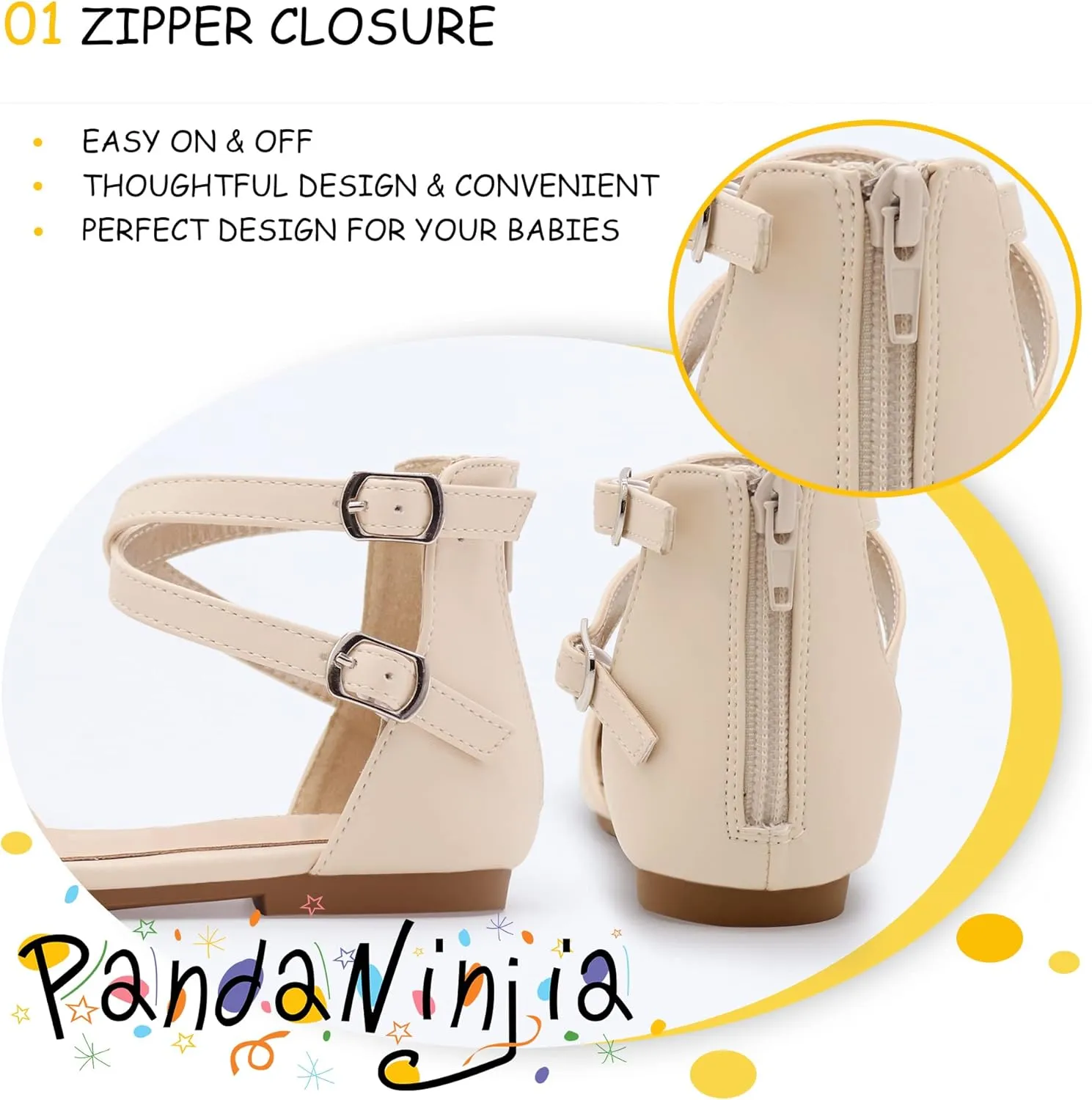 PANDANINJIA Girls Dress Shoes Flats Wedding Party School Toddler Little Kids Ankle Strap Ballet Flats Sandals