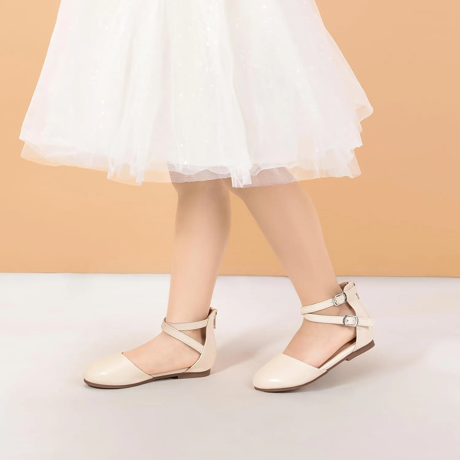 PANDANINJIA Girls Dress Shoes Flats Wedding Party School Toddler Little Kids Ankle Strap Ballet Flats Sandals