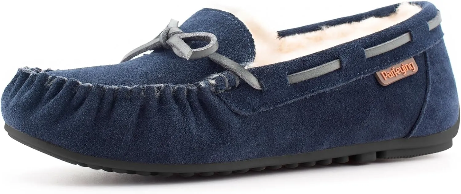 Parfeying Women's Sheepskin Moccasins Cow Suede Memory Foam Slippers Indoor Outdoor Shearling Winter Shoes,L20101 Indi 7US Indigo/Indigo