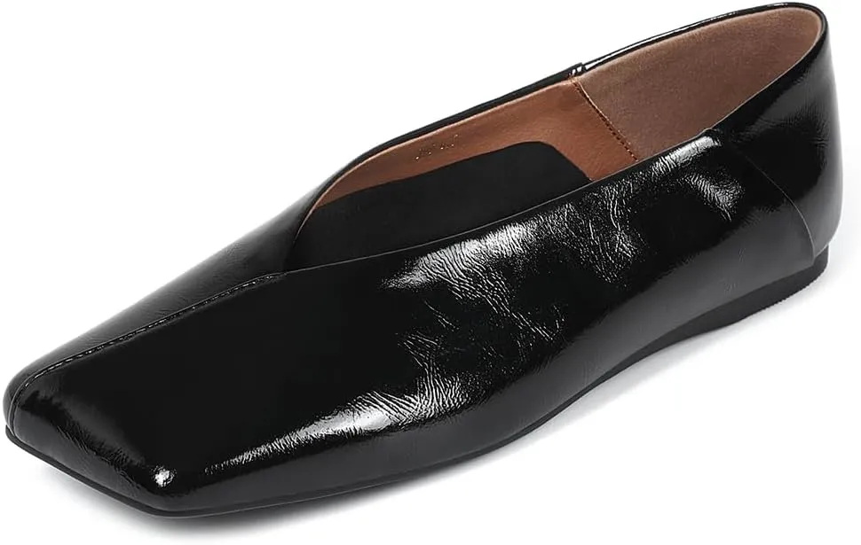 Patent Leather Ballet Flats for Women Fashionable Square Toe Ballet Flats Loafer Shoes for Women Nude Dress Shoes.