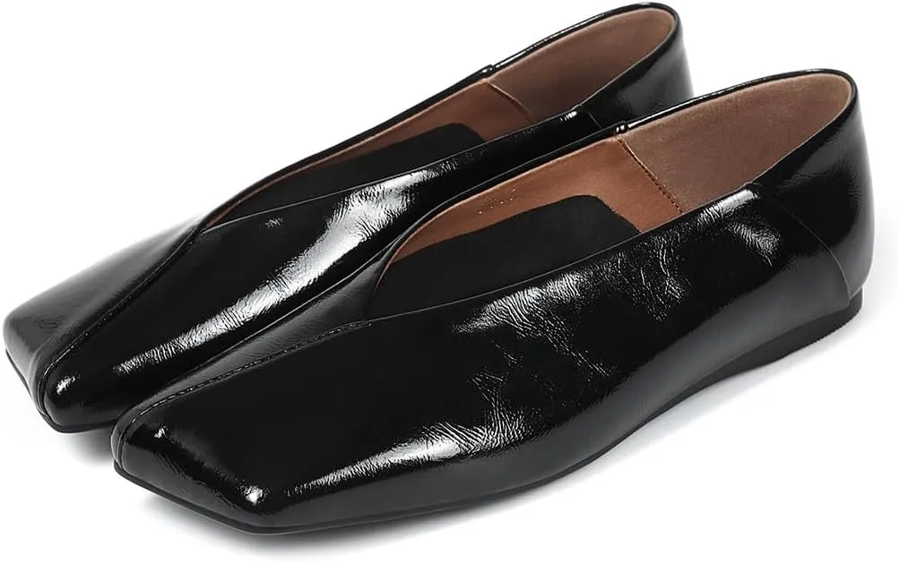 Patent Leather Ballet Flats for Women Fashionable Square Toe Ballet Flats Loafer Shoes for Women Nude Dress Shoes.