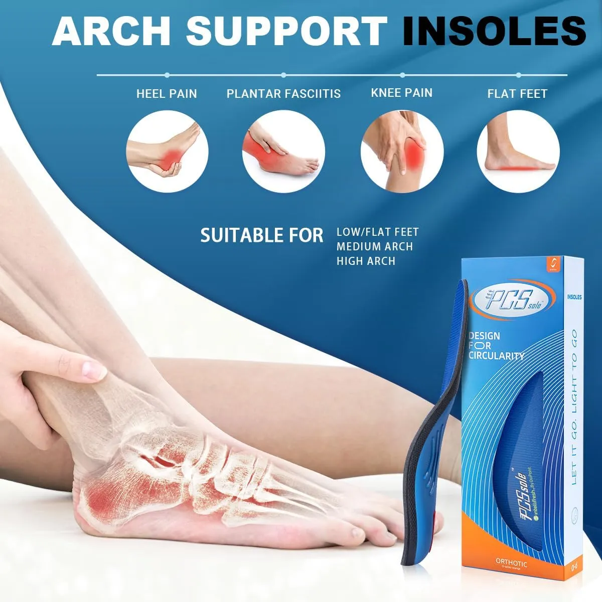 PCSsole 220 lbs Heavy Duty High Arch Support Insoles,Comfort Orthotics Insoles for Plantar Fasciitis,Flat Feet,Heel Pain,Pronation,Foot Pain Relief,Comfortable Shoe Insert for Men Women