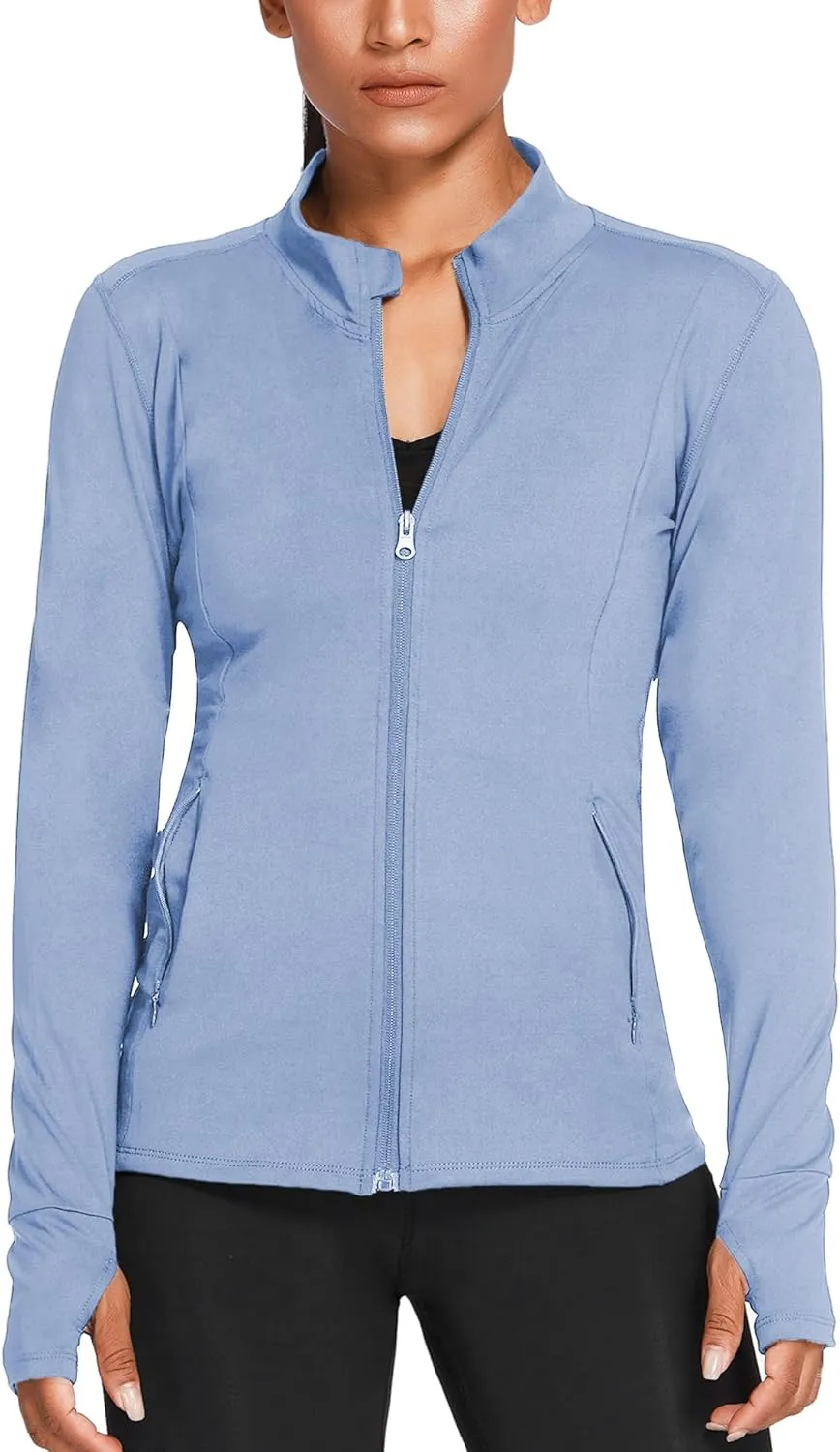 PINSPARK Women's Track Jacket Breathable Running Jacket Zip Up Sportswear Slim Fit Workout Tops