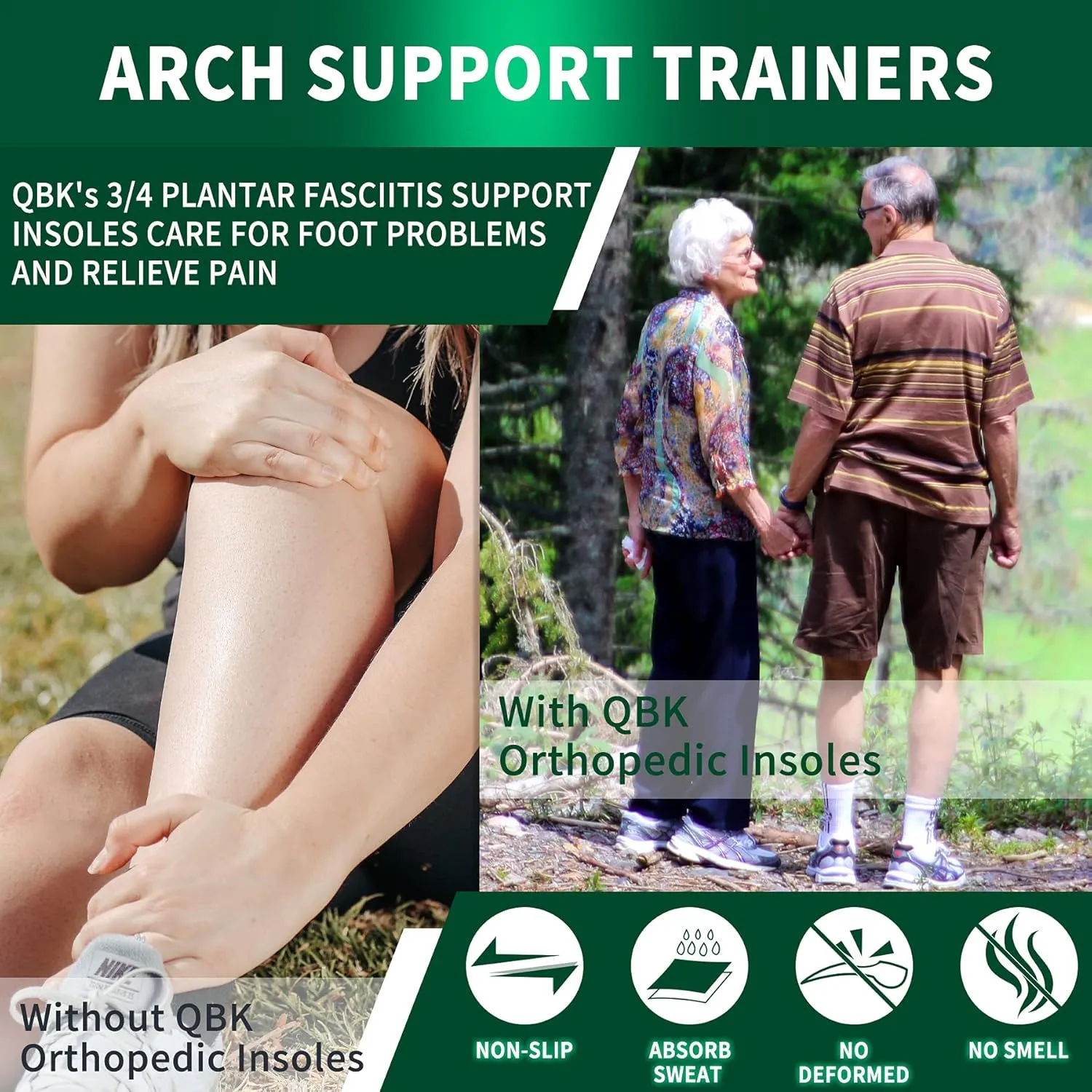 Plantar Fasciitis Orthotic Shoe Insoles, QBK High Arch Support Inserts for Dispersal Heel Pressure and Pain Relief，L