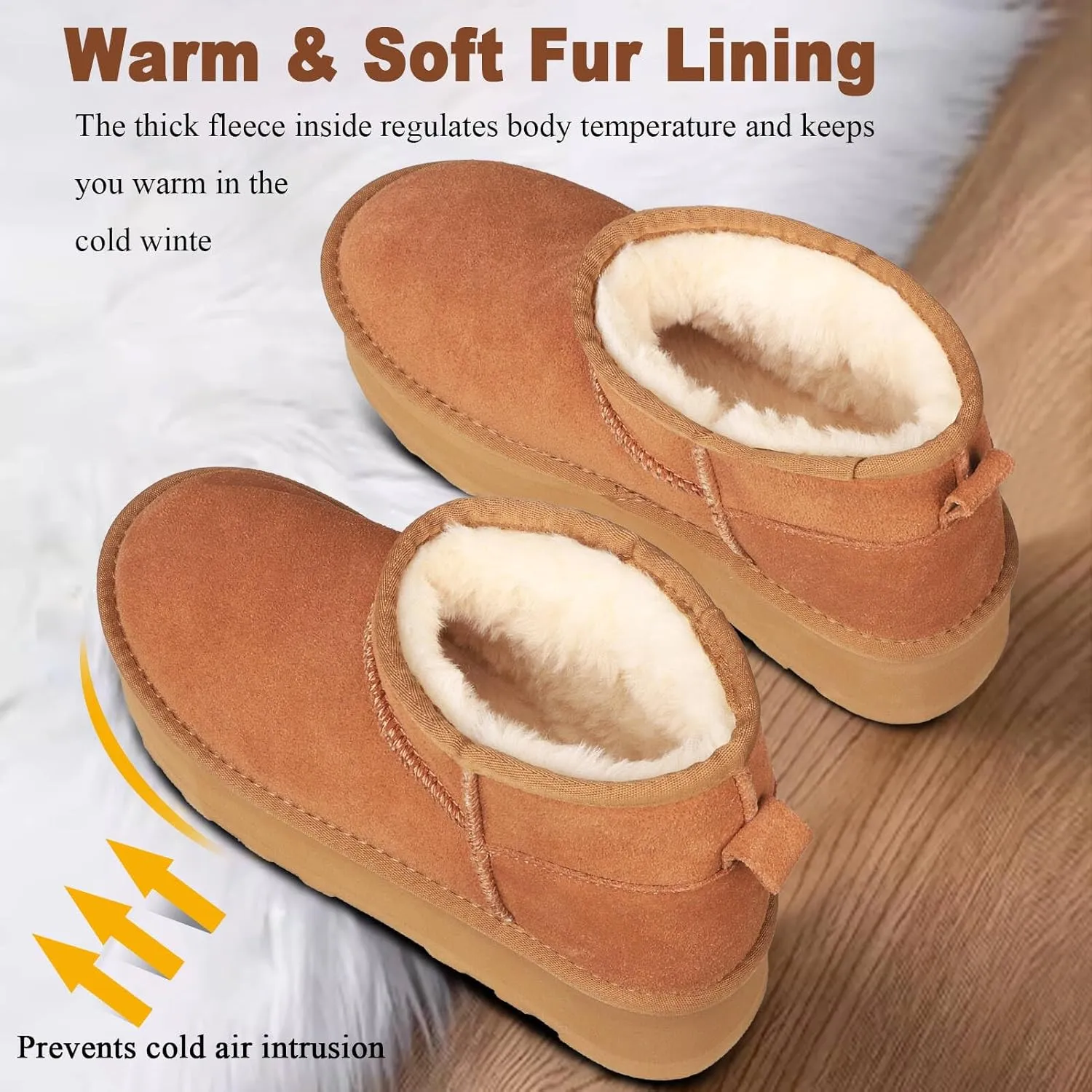 Platform Mini Boots for Women Suede Upper Winter Boots Warm Fur Fleece Lined Anti-Slip Sole Short Ankle Snow Boots for Indoor & Outdoor