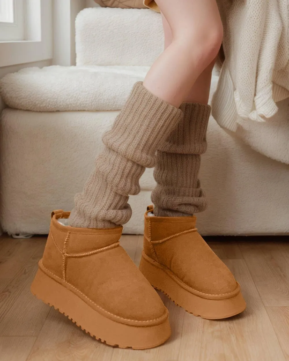 Platform Mini Boots for Women Suede Upper Winter Boots Warm Fur Fleece Lined Anti-Slip Sole Short Ankle Snow Boots for Indoor & Outdoor
