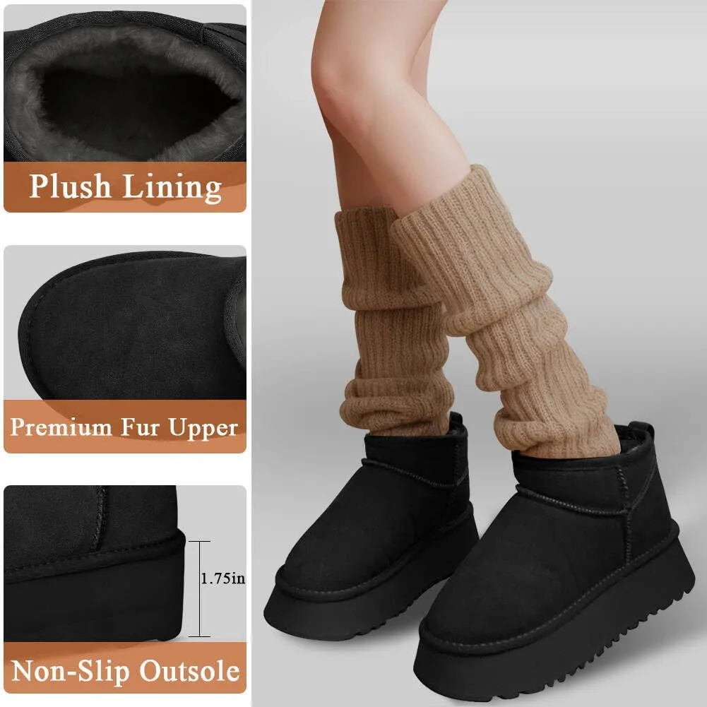Platform Mini Boots for Women Suede Upper Winter Boots Warm Fur Fleece Lined Anti-Slip Sole Short Ankle Snow Boots for Indoor & Outdoor