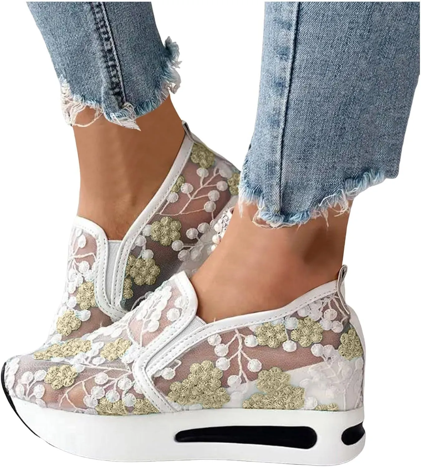 Platform Wedge Sneakers for Women Fashion Mesh Shoes Embroidery Slip On Womens Loafers Comfortable Dressy Chunky Sole High Heels Breathable Walking Shoes with Arch Support