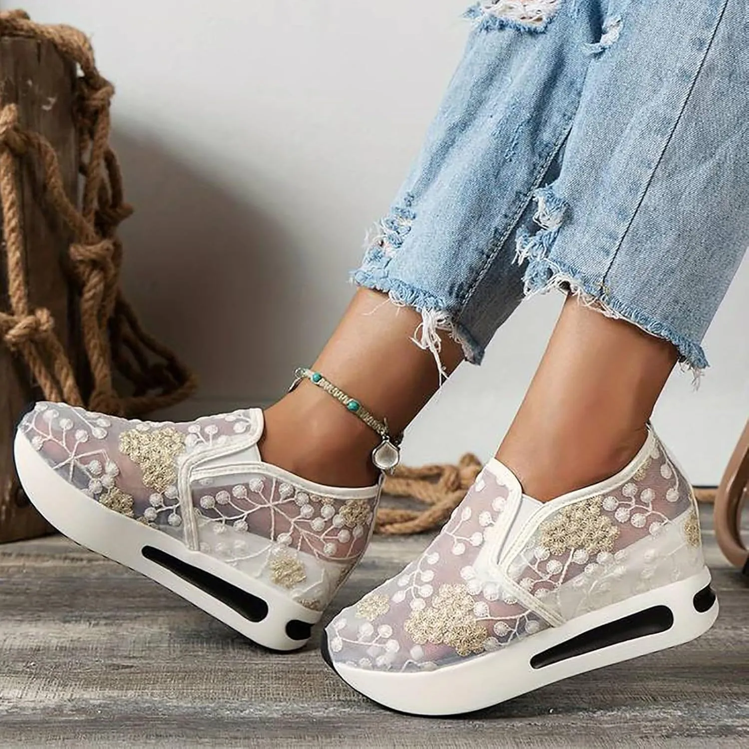 Platform Wedge Sneakers for Women Fashion Mesh Shoes Embroidery Slip On Womens Loafers Comfortable Dressy Chunky Sole High Heels Breathable Walking Shoes with Arch Support