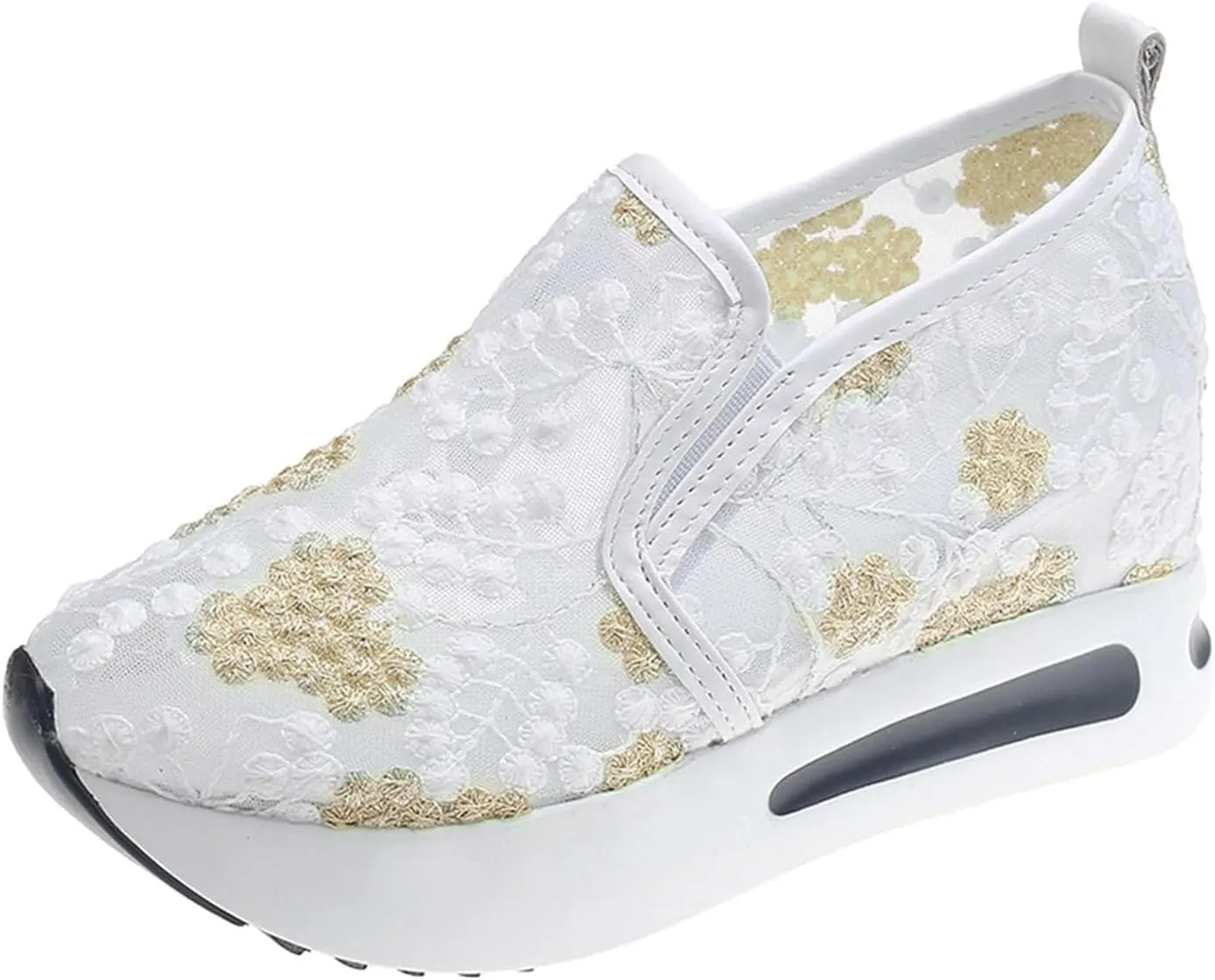 Platform Wedge Sneakers for Women Fashion Mesh Shoes Embroidery Slip On Womens Loafers Comfortable Dressy Chunky Sole High Heels Breathable Walking Shoes with Arch Support