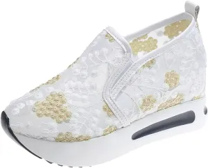 Platform Wedge Sneakers for Women Fashion Mesh Shoes Embroidery Slip On Womens Loafers Comfortable Dressy Chunky Sole High Heels Breathable Walking Shoes with Arch Support