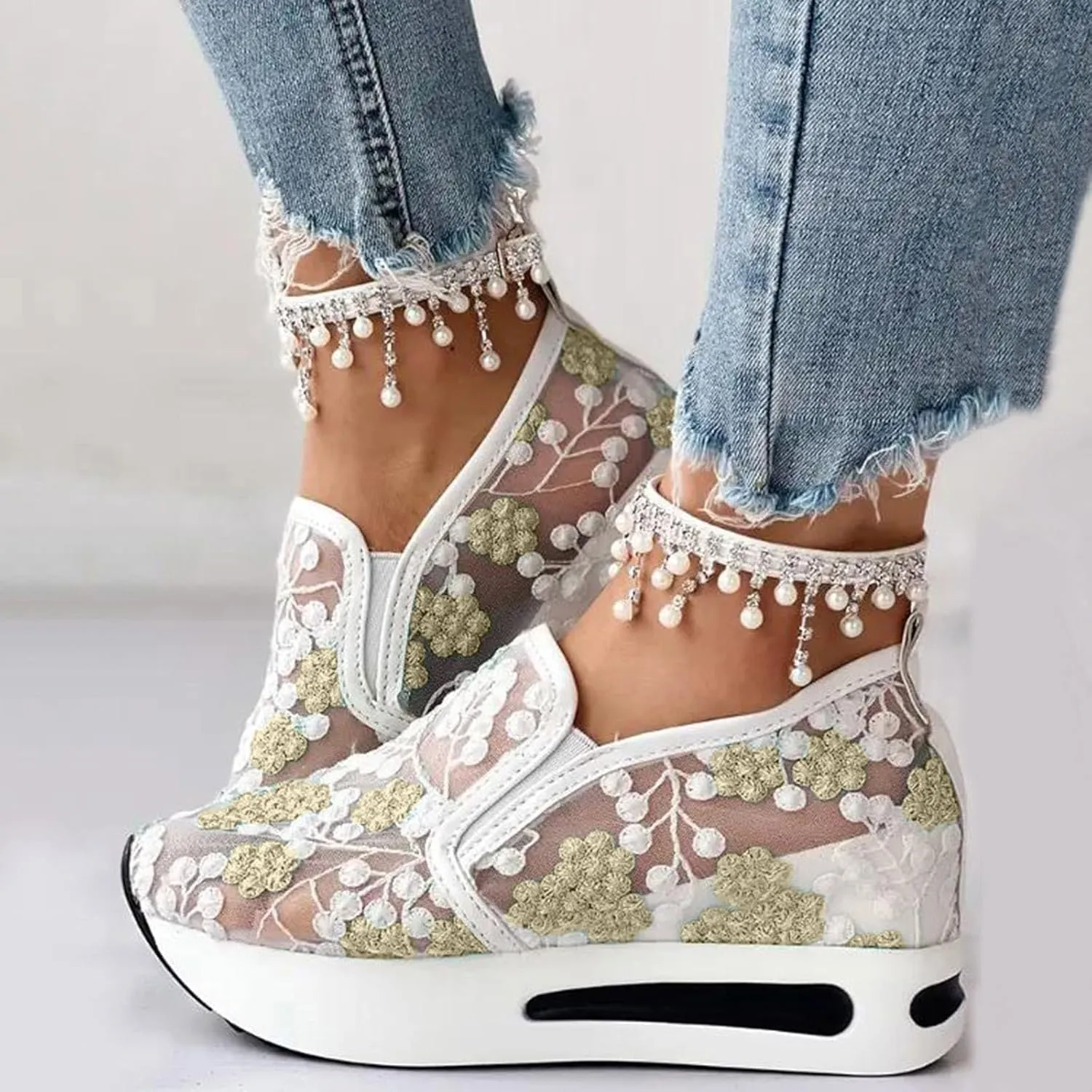Platform Wedge Sneakers for Women Fashion Mesh Shoes Embroidery Slip On Womens Loafers Comfortable Dressy Chunky Sole High Heels Breathable Walking Shoes with Arch Support