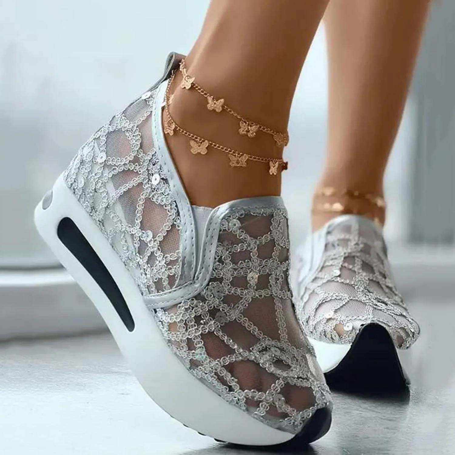 Platform Wedge Sneakers for Women Lightweight Breathable Embroidery Floral Mesh Hollow Out Walking Shoes Summer Comfortable Chunky Sole Hidden High Heels Slip On Loafers