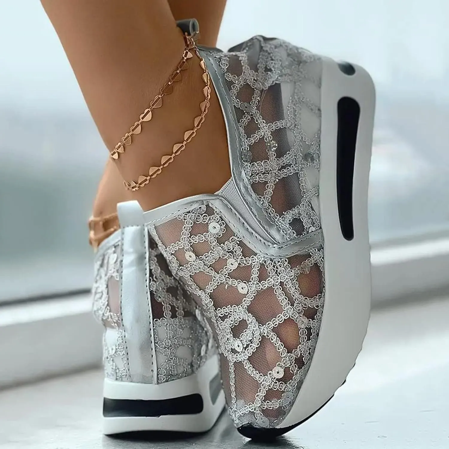 Platform Wedge Sneakers for Women Lightweight Breathable Embroidery Floral Mesh Hollow Out Walking Shoes Summer Comfortable Chunky Sole Hidden High Heels Slip On Loafers