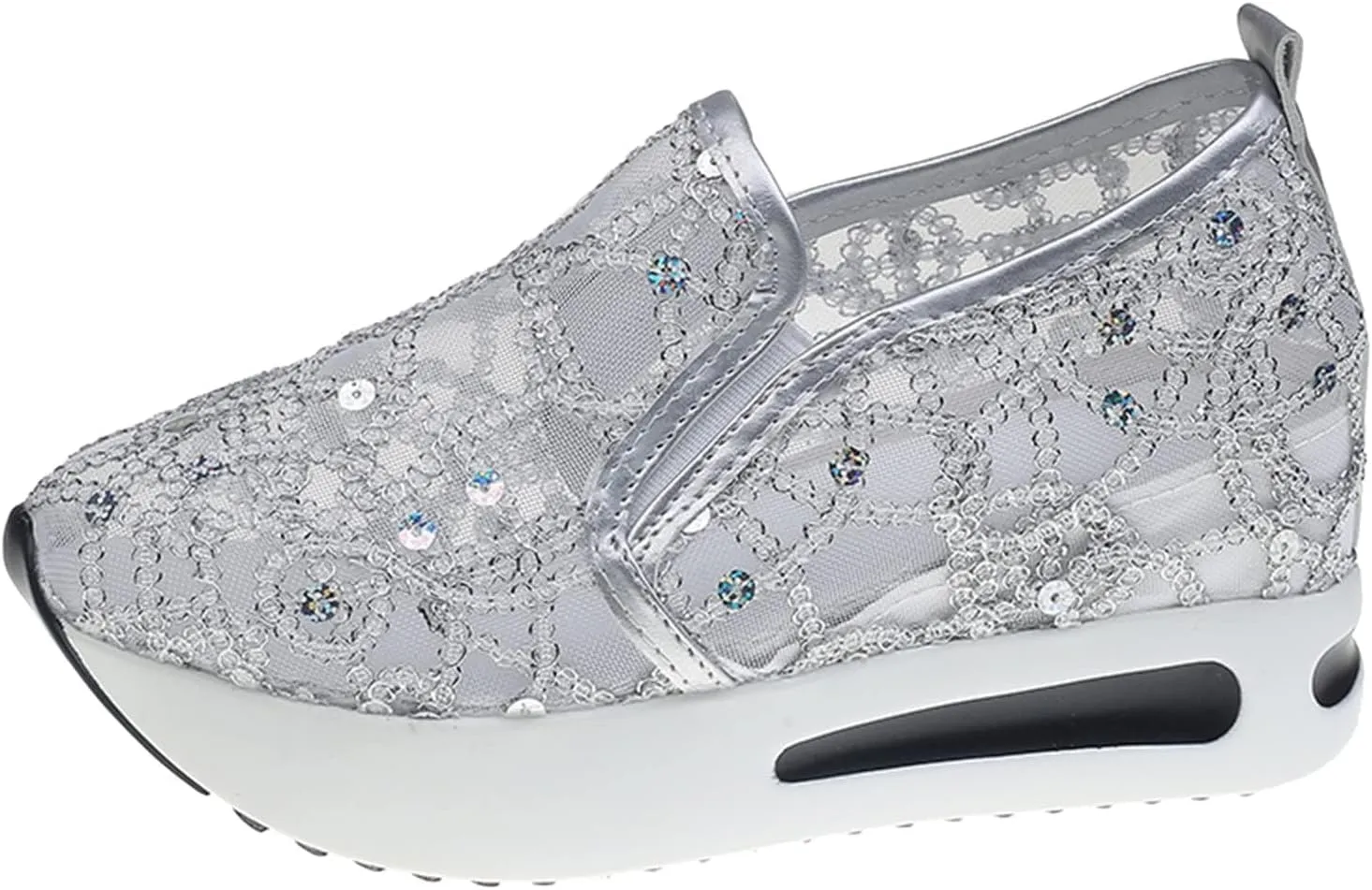 Platform Wedge Sneakers for Women Lightweight Breathable Embroidery Floral Mesh Hollow Out Walking Shoes Summer Comfortable Chunky Sole Hidden High Heels Slip On Loafers