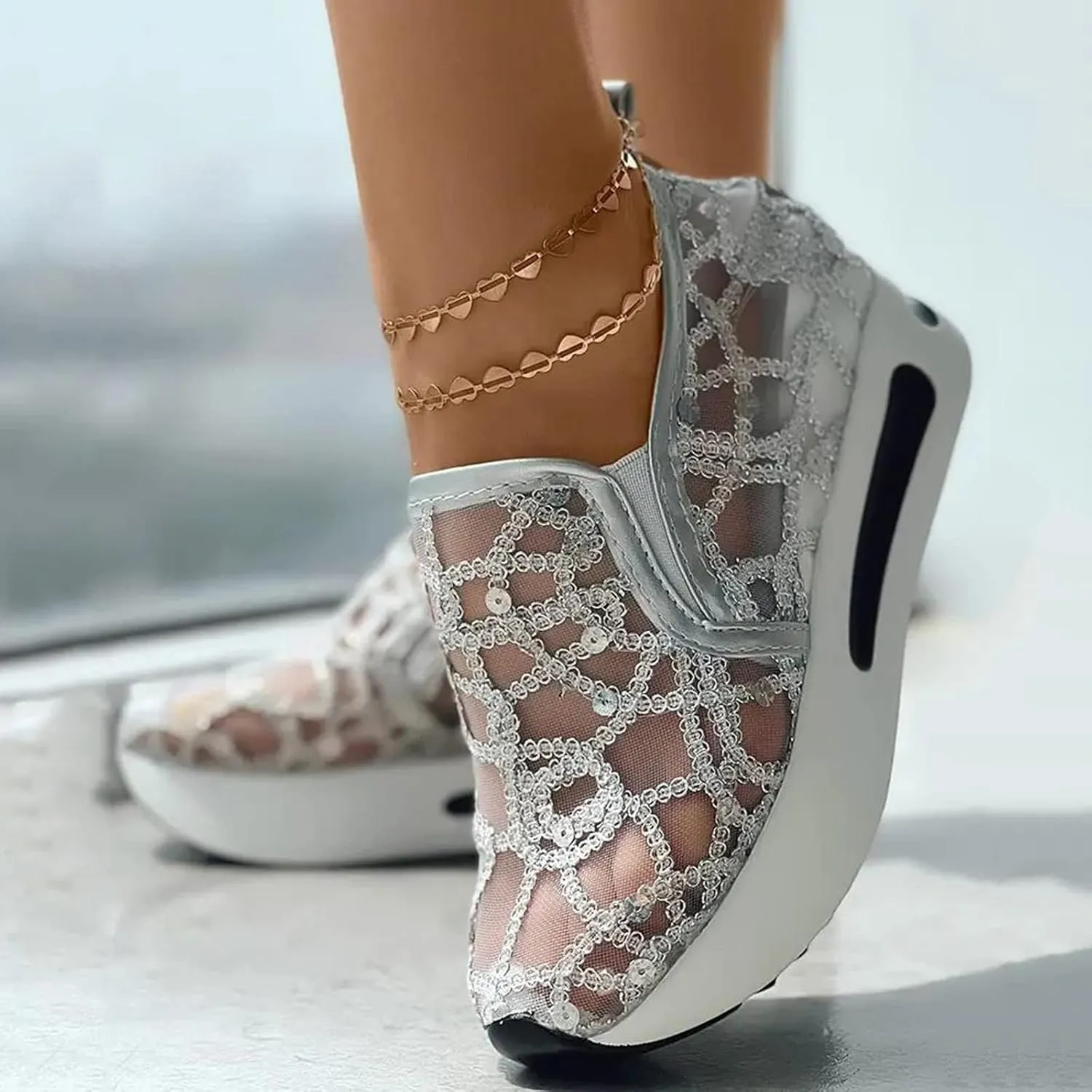 Platform Wedge Sneakers for Women Lightweight Breathable Embroidery Floral Mesh Hollow Out Walking Shoes Summer Comfortable Chunky Sole Hidden High Heels Slip On Loafers