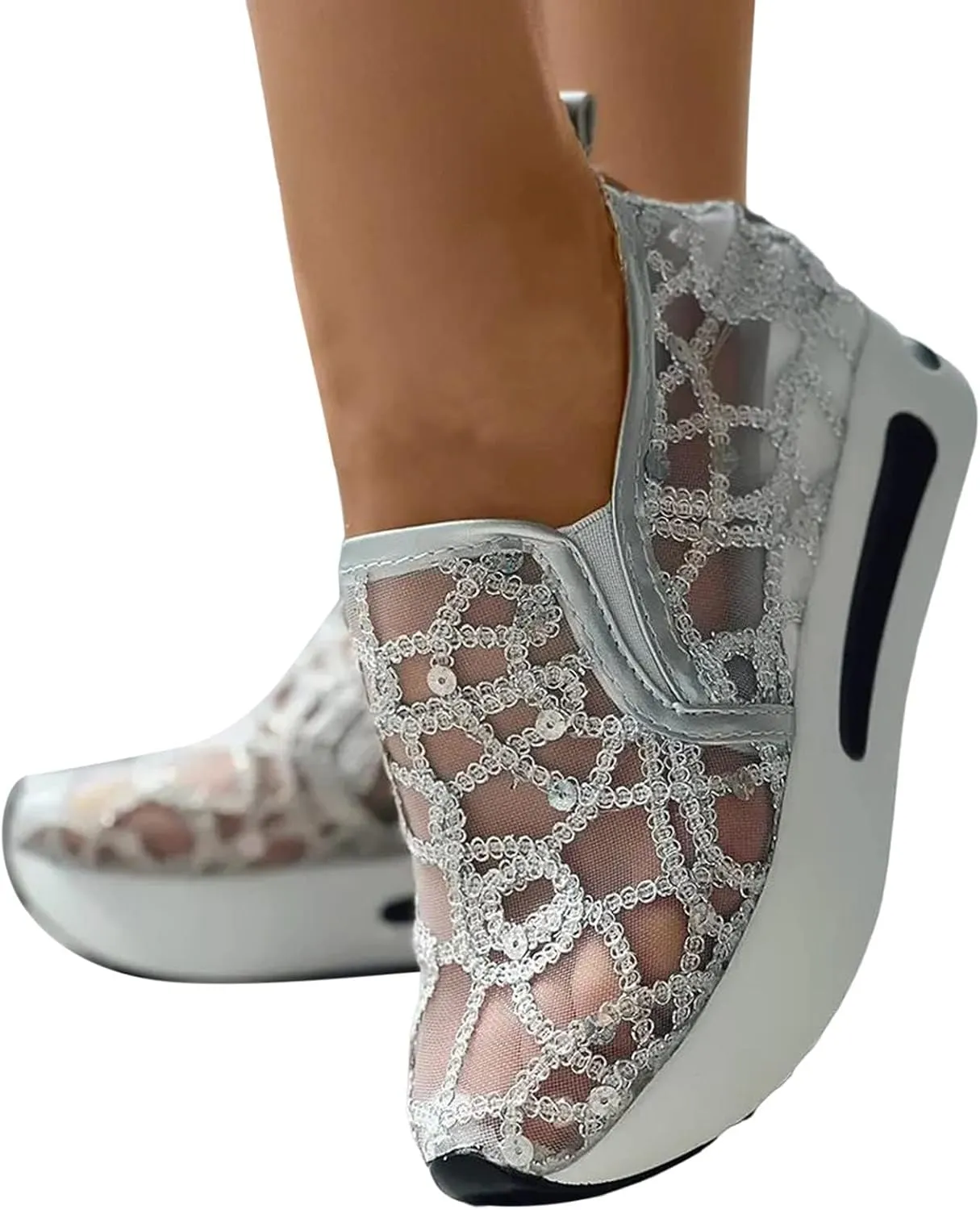 Platform Wedge Sneakers for Women Lightweight Breathable Embroidery Floral Mesh Hollow Out Walking Shoes Summer Comfortable Chunky Sole Hidden High Heels Slip On Loafers
