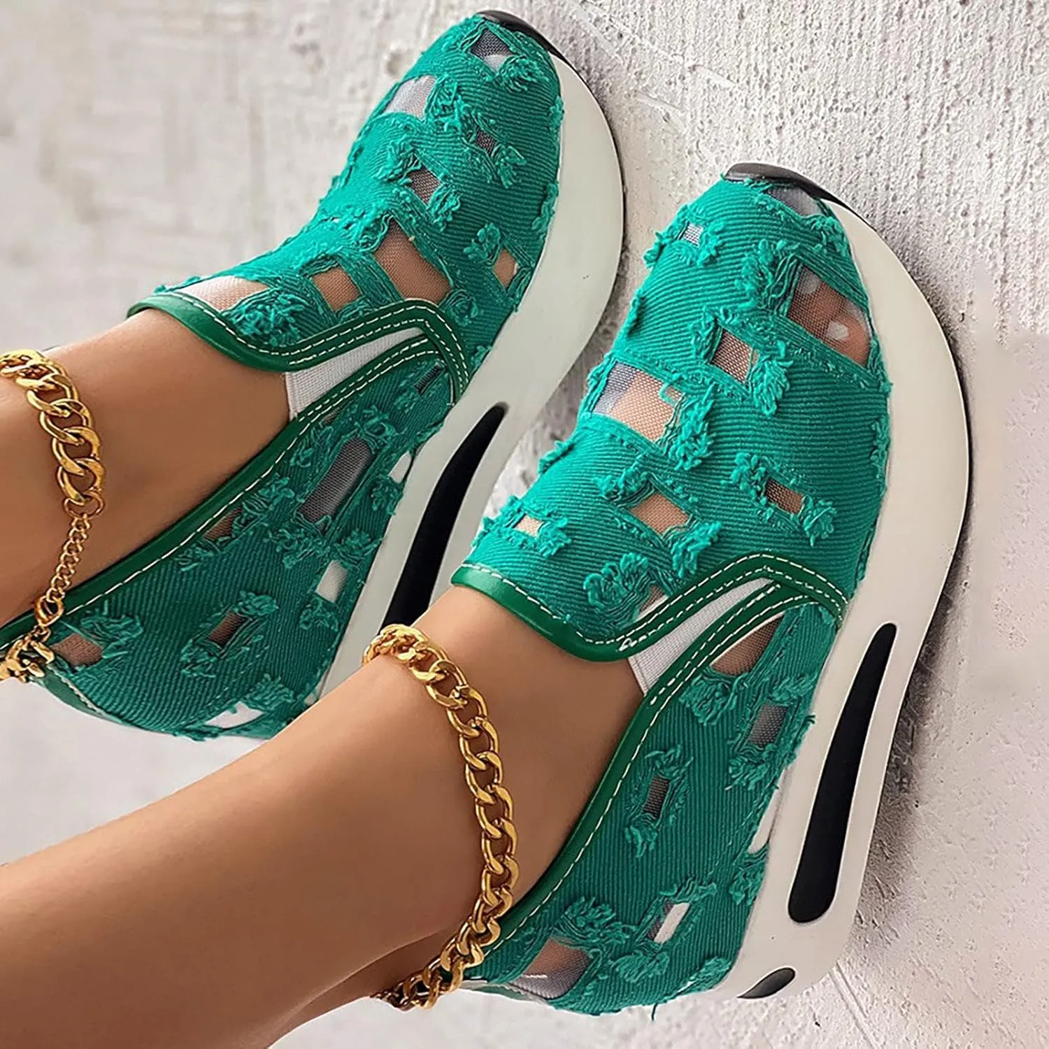 Platform Wedge Sneakers for Women Slip on Loafers Comfortable Thick Soft Shoes Arch Support Walking Work Shoes Breathable Sheer Mesh Lace Fashion Shoe Comfort Sneaker