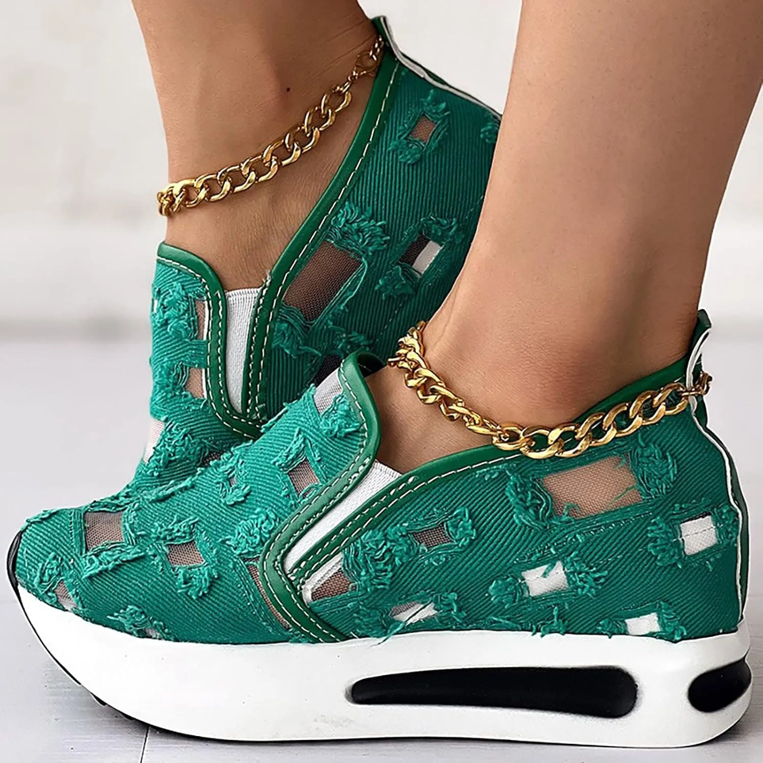 Platform Wedge Sneakers for Women Slip on Loafers Comfortable Thick Soft Shoes Arch Support Walking Work Shoes Breathable Sheer Mesh Lace Fashion Shoe Comfort Sneaker