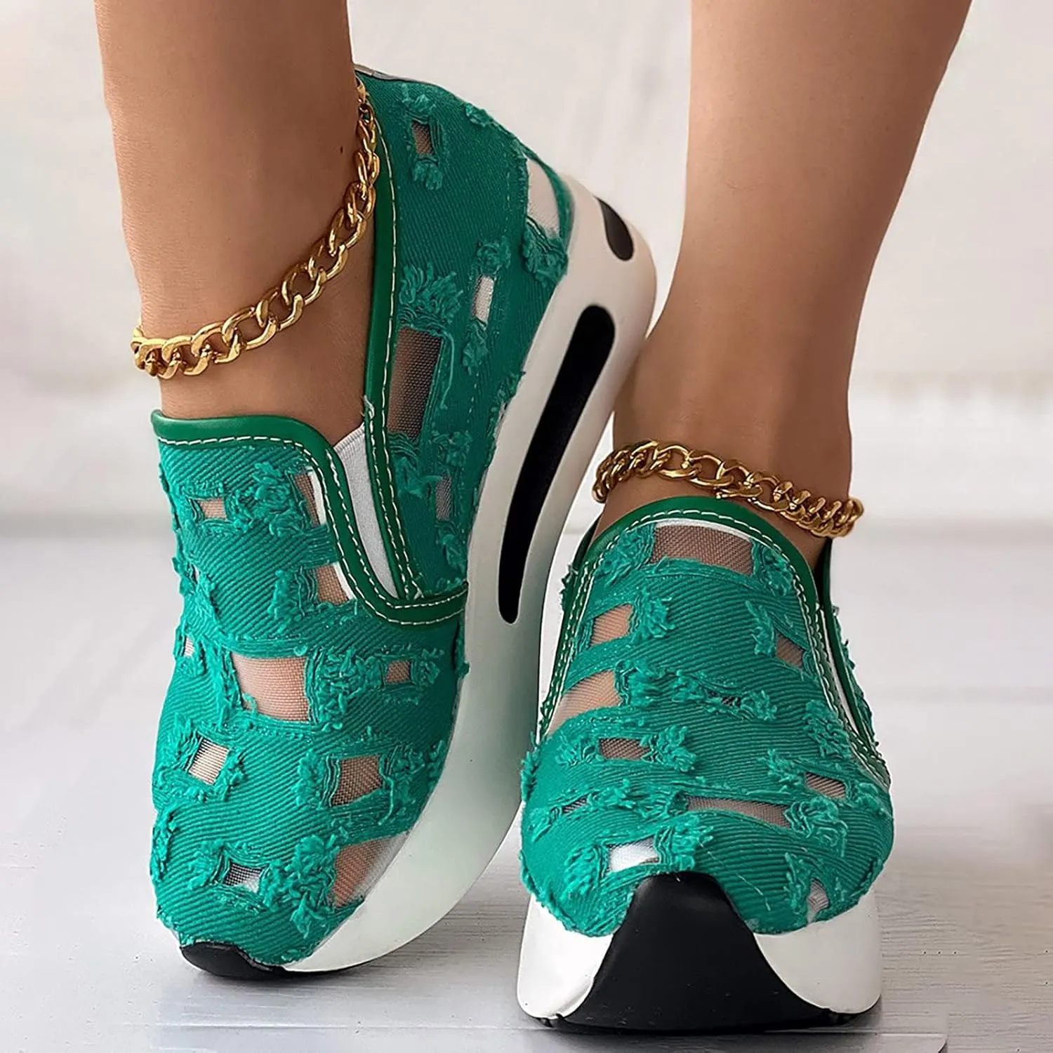 Platform Wedge Sneakers for Women Slip on Loafers Comfortable Thick Soft Shoes Arch Support Walking Work Shoes Breathable Sheer Mesh Lace Fashion Shoe Comfort Sneaker