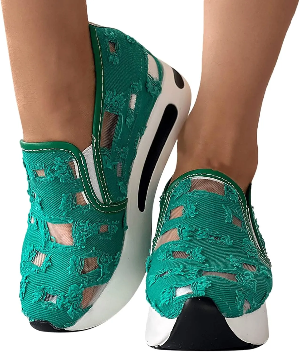 Platform Wedge Sneakers for Women Slip on Loafers Comfortable Thick Soft Shoes Arch Support Walking Work Shoes Breathable Sheer Mesh Lace Fashion Shoe Comfort Sneaker