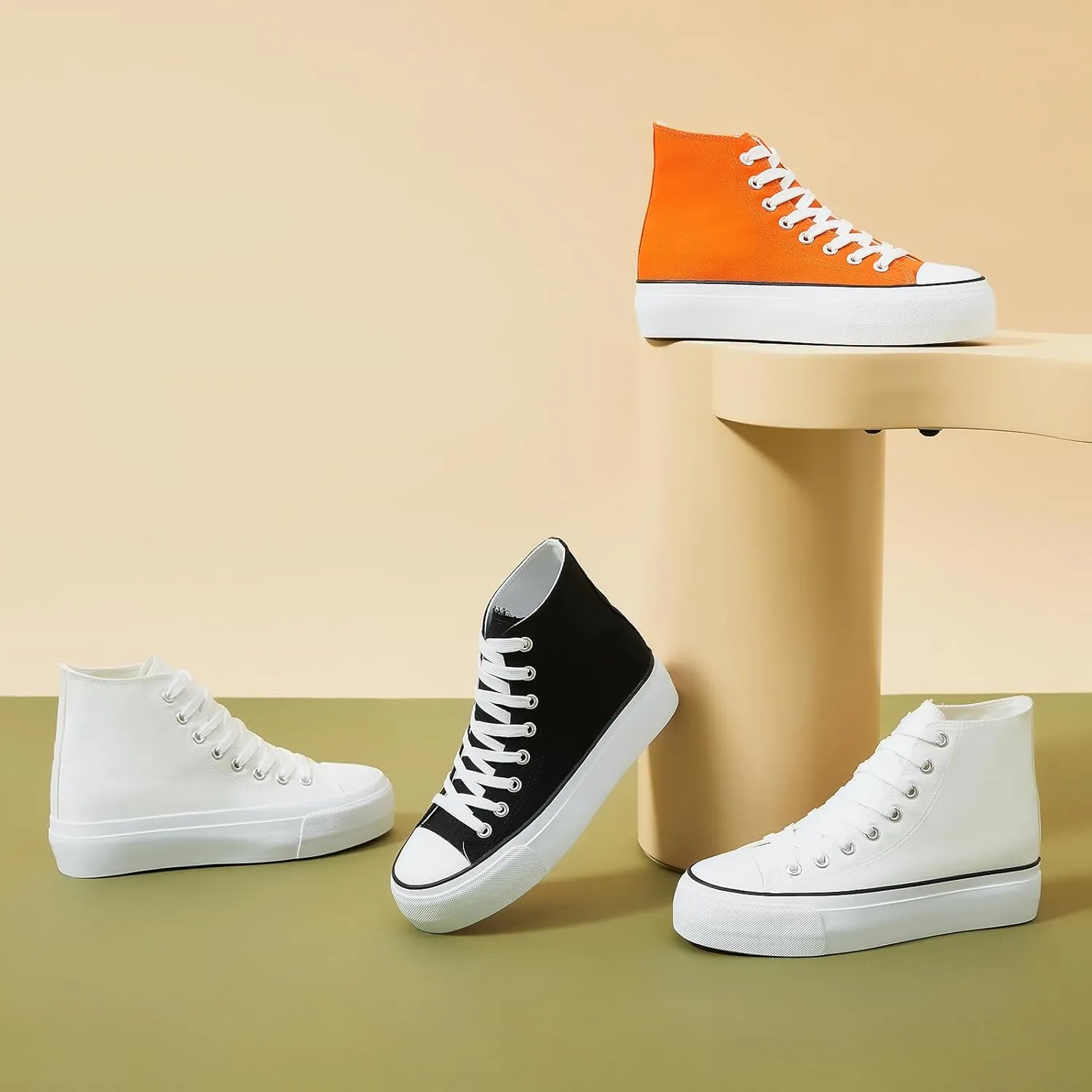 POVOGER Platform Sneakers for Women Fashion High Top Canvas Shoes White Womens Platform Shoes Casual Lace Up Mid Top Shoes