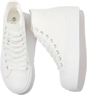 POVOGER Platform Sneakers for Women Fashion High Top Canvas Shoes White Womens Platform Shoes Casual Lace Up Mid Top Shoes