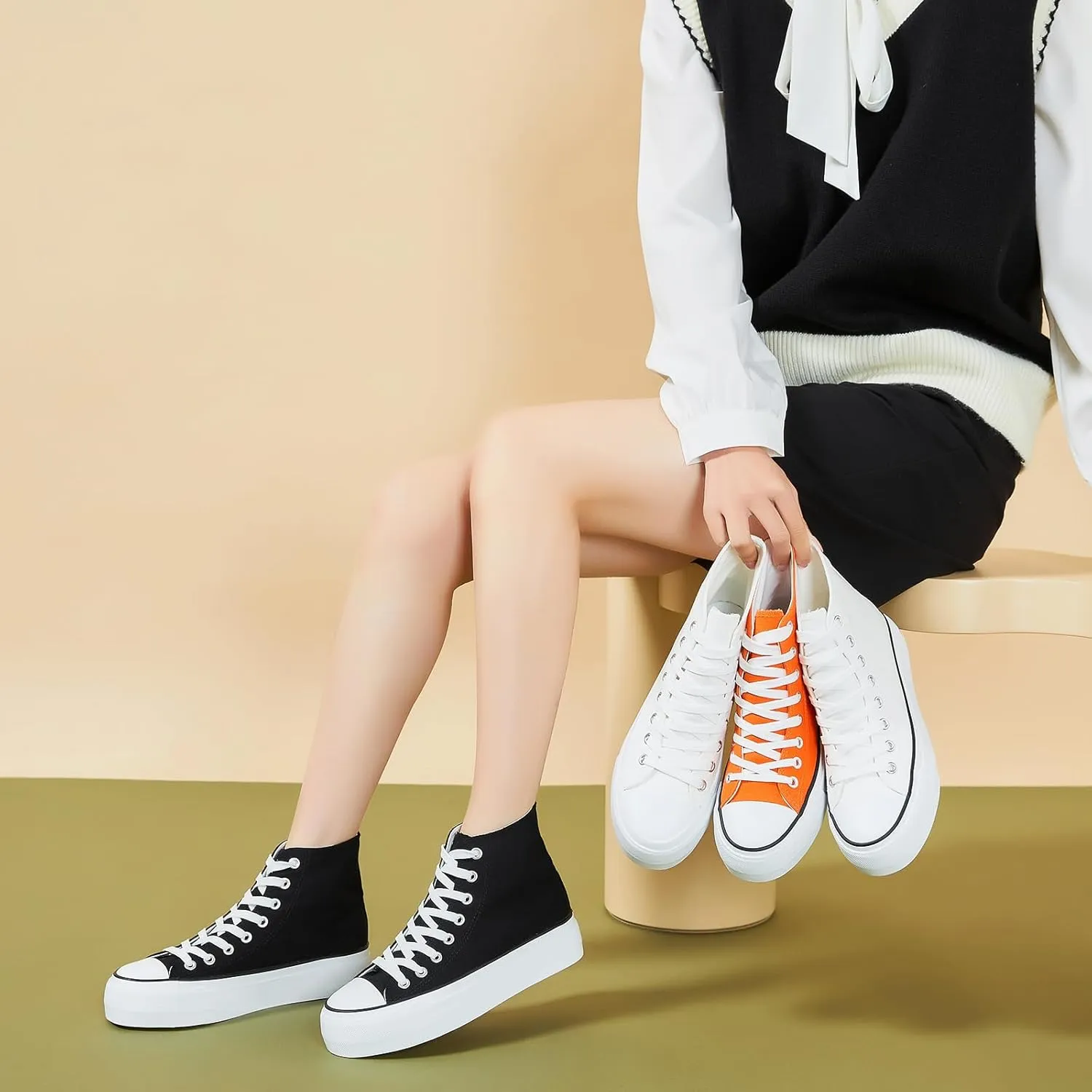 POVOGER Platform Sneakers for Women Fashion High Top Canvas Shoes White Womens Platform Shoes Casual Lace Up Mid Top Shoes