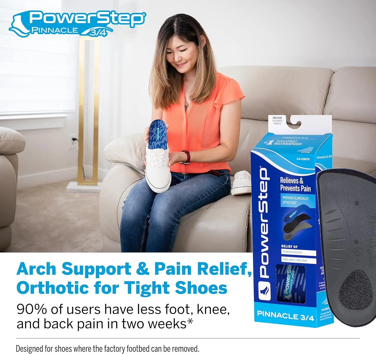 PowerStep Insoles, Pinnacle 3/4 Thin, Arch Pain Relief Insole, For Tight Shoes, Arch Support Orthotic For Women and Men, M4/W6
