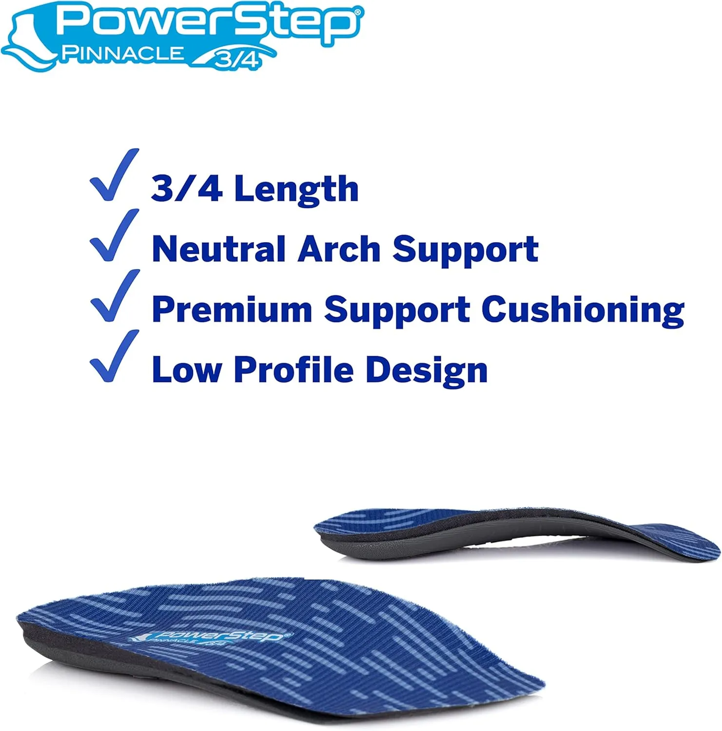 PowerStep Insoles, Pinnacle 3/4 Thin, Arch Pain Relief Insole, For Tight Shoes, Arch Support Orthotic For Women and Men, M4/W6