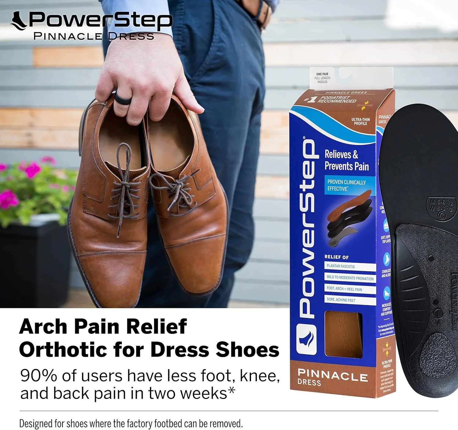 PowerStep Insoles, Pinnacle Dress, Arch Pain Relief Insole, for Dress Shoes, Arch Support Orthotic for Women and Men