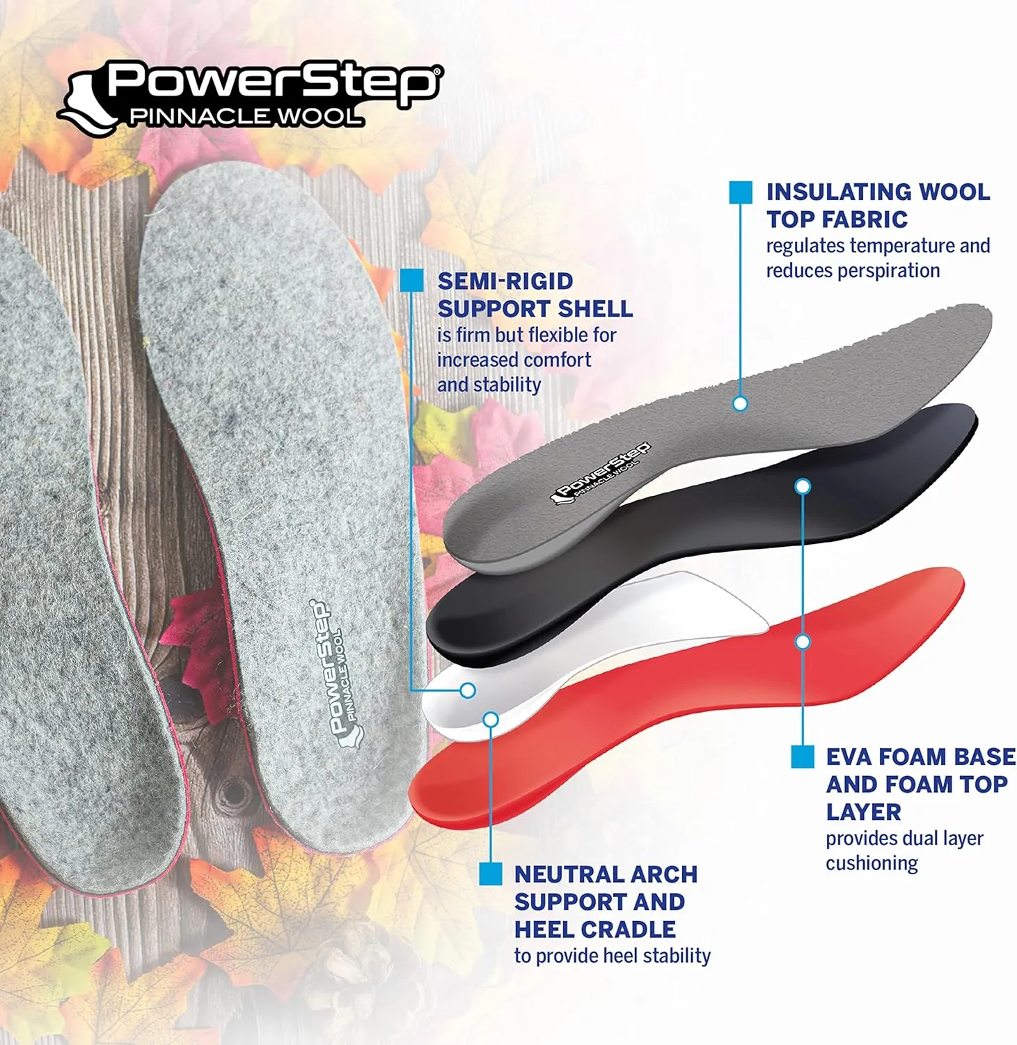 Powerstep Pinnacle Wool Insoles - Neutral Arch Support, Max Cushioning, Plantar Fasciitis Relief, Temperature Regulating Inserts for Men and Women, M14-15