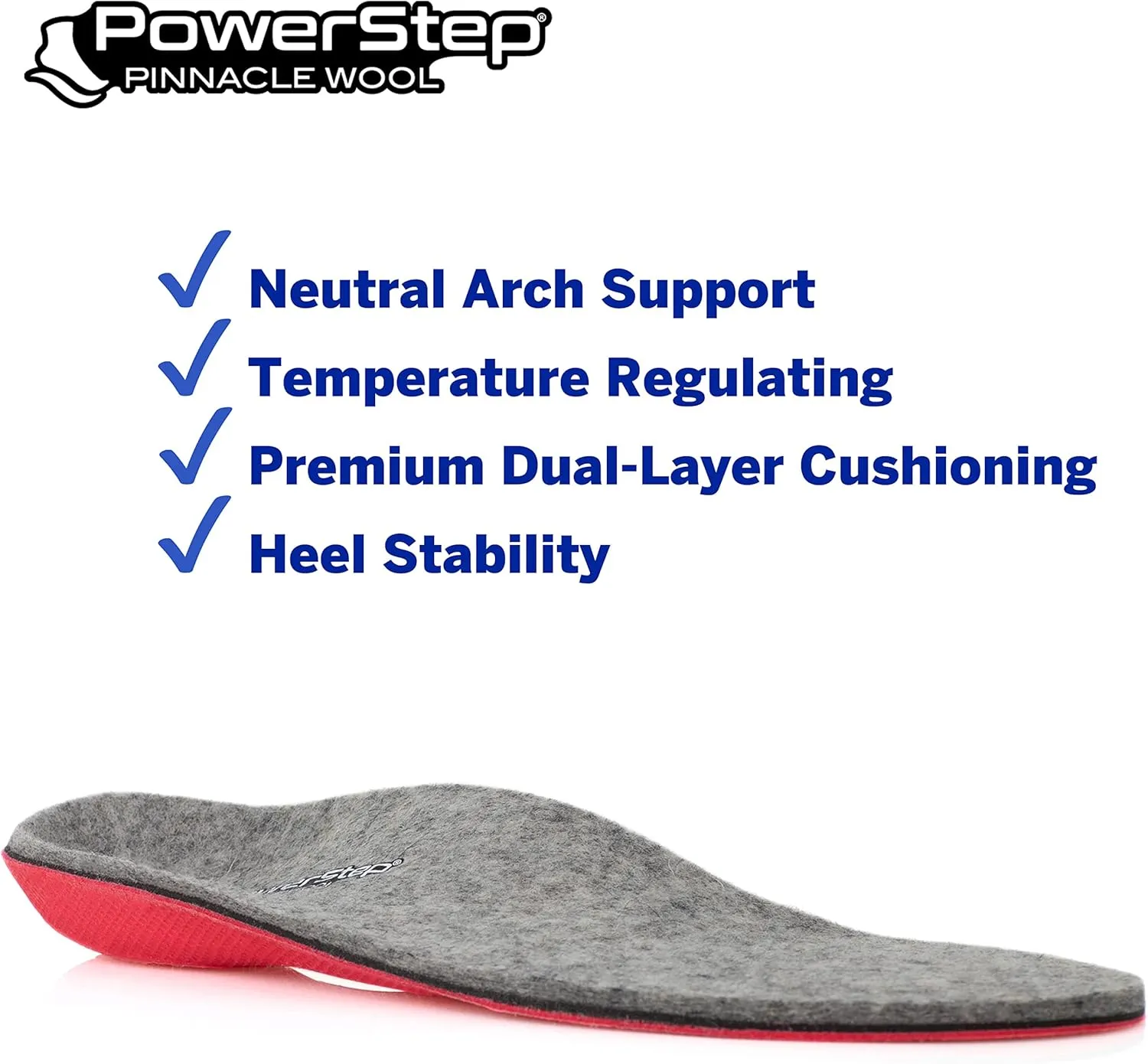 Powerstep Pinnacle Wool Insoles - Neutral Arch Support, Max Cushioning, Plantar Fasciitis Relief, Temperature Regulating Inserts for Men and Women, M14-15
