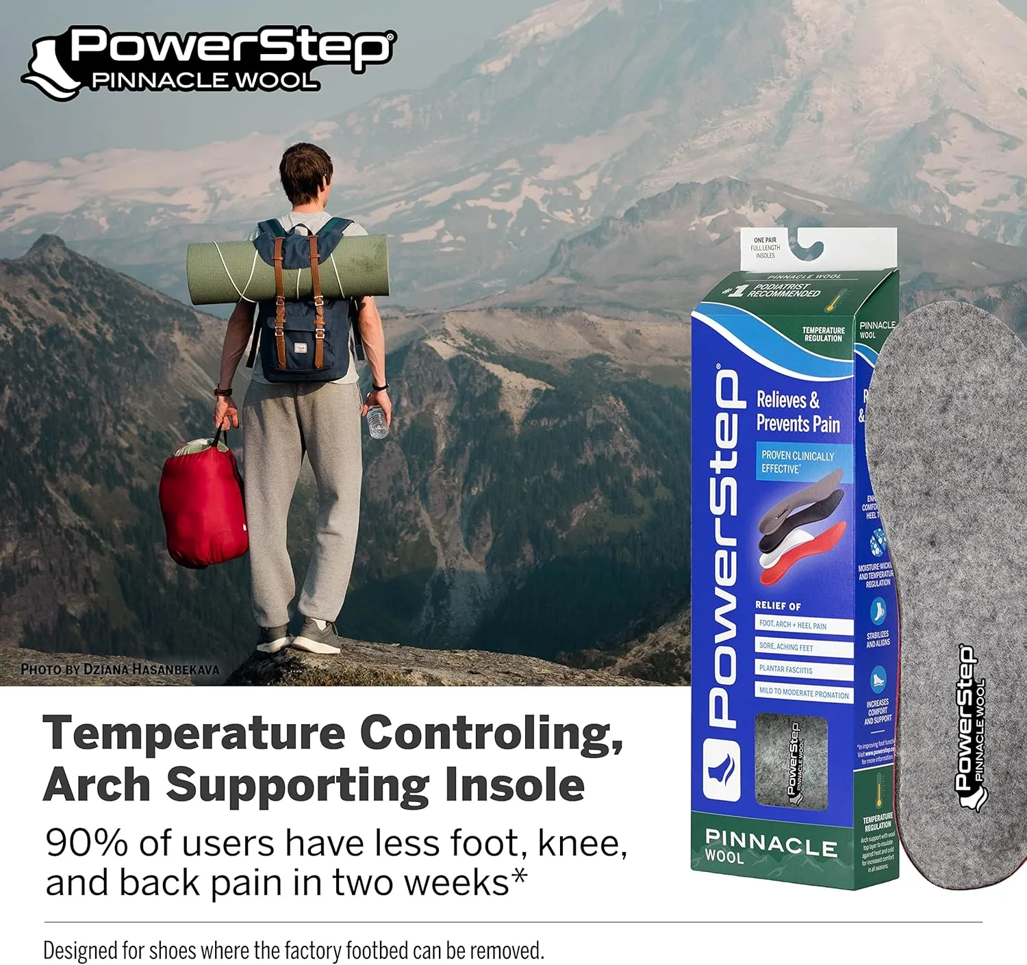 Powerstep Pinnacle Wool Insoles - Neutral Arch Support, Max Cushioning, Plantar Fasciitis Relief, Temperature Regulating Inserts for Men and Women, M7 / W9