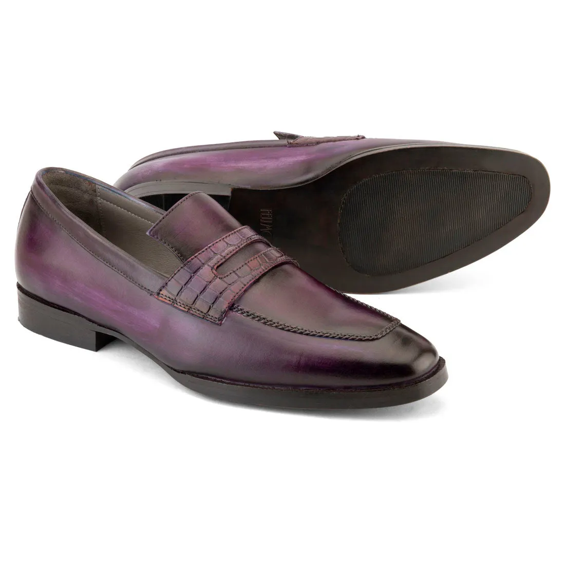 Purple Handpainted Patina Penny Loafer with Croco Saddle