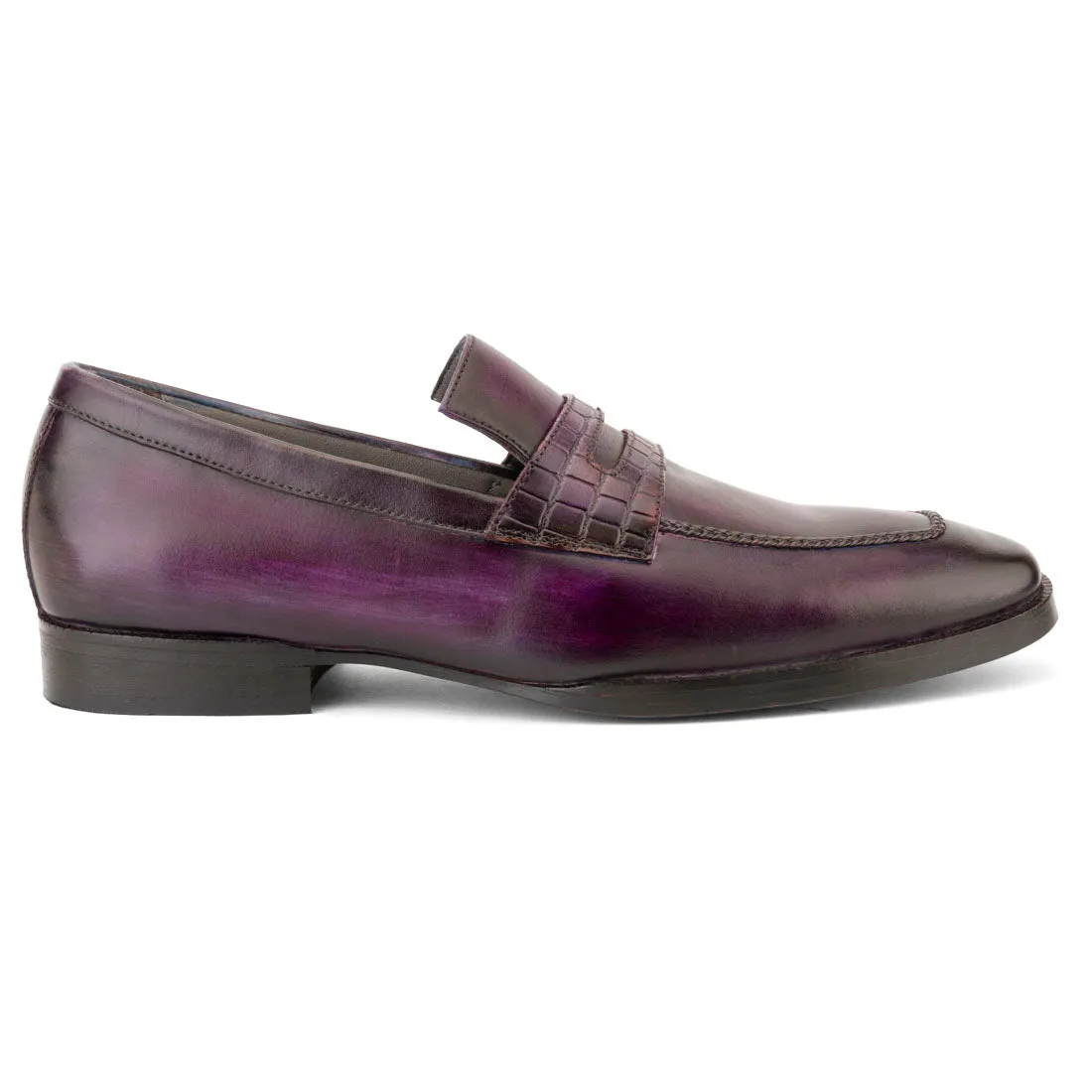Purple Handpainted Patina Penny Loafer with Croco Saddle