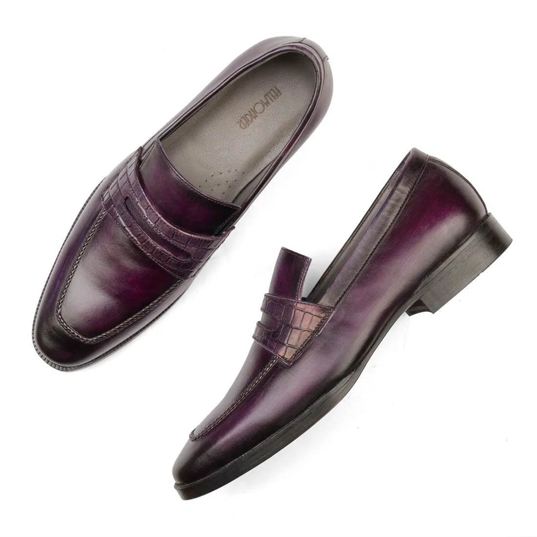 Purple Handpainted Patina Penny Loafer with Croco Saddle