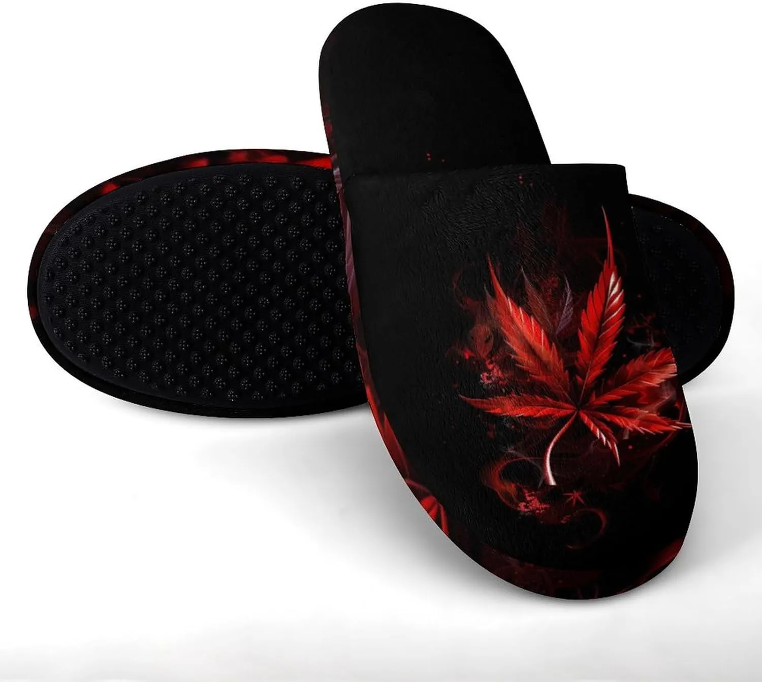 Red Leaf Weed Leaf Men's Cotton Slippers Warm House Shoes Non-Slip Bedroom Slippers for Indoor Outdoor