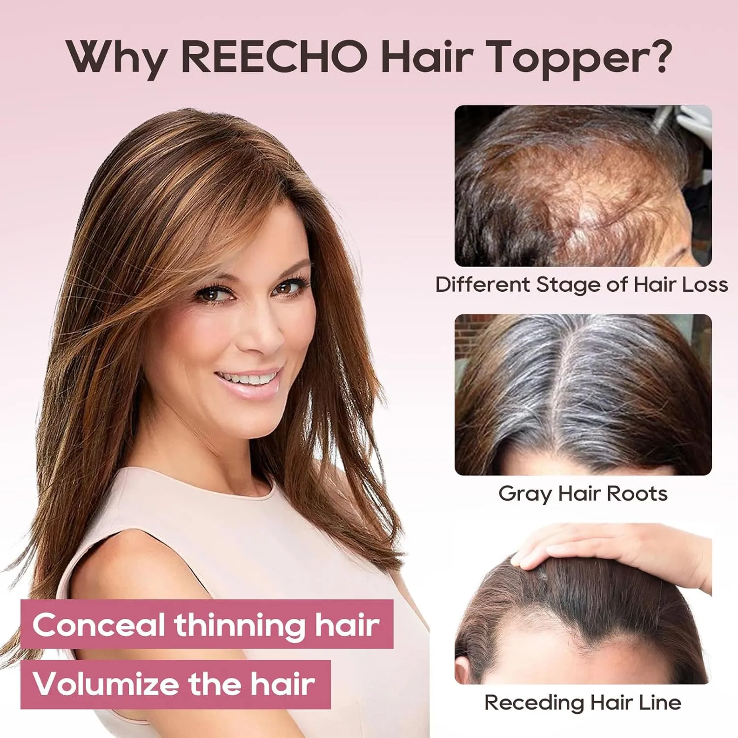 REECHO Real Human Hair Topper, 10 inch Women Hair Toppers for Thinning Hair, 100 Percent Human Hair Large Coverage Natural Hairpiece Wiglet, Standard Base 3.5"x2", Medium Brown