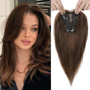 REECHO Real Human Hair Topper, 10 inch Women Hair Toppers for Thinning Hair, 100 Percent Human Hair Large Coverage Natural Hairpiece Wiglet, Standard Base 3.5"x2", Medium Brown