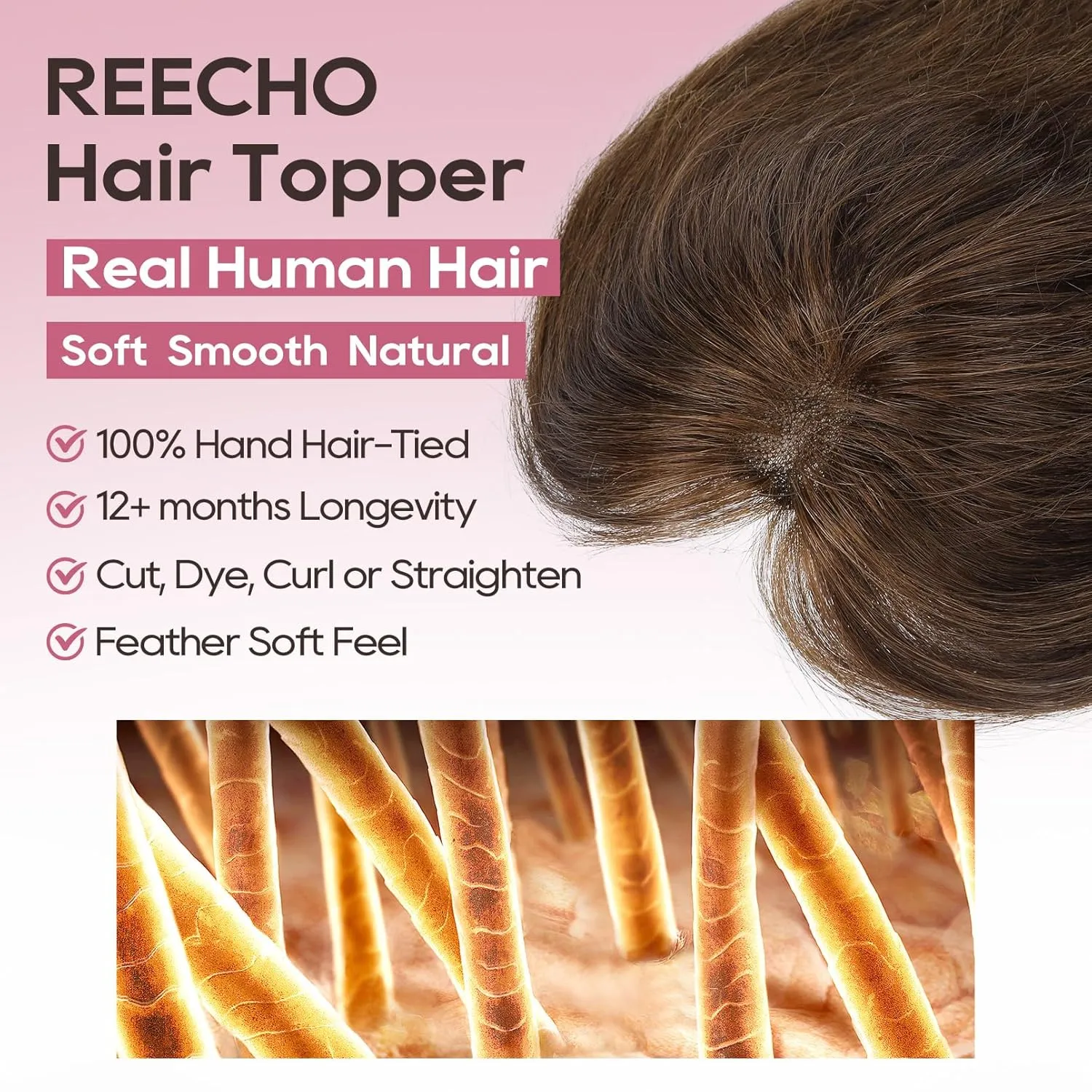 REECHO Real Human Hair Topper, 10 inch Women Hair Toppers for Thinning Hair, 100 Percent Human Hair Large Coverage Natural Hairpiece Wiglet, Standard Base 3.5"x2", Medium Brown
