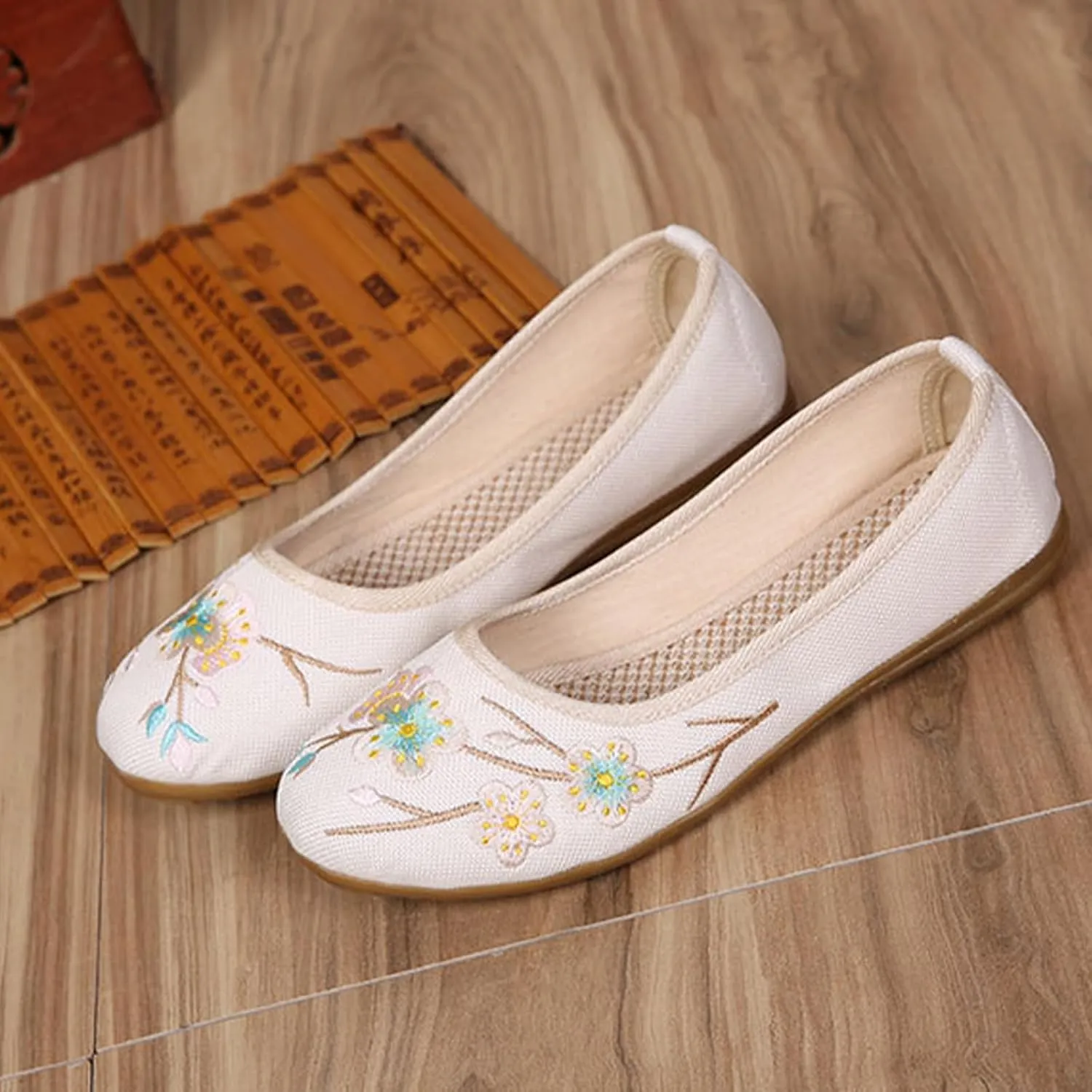Retro Women's Soft Linen Shoes, Traditional Chinese Fashion Flat Heel Casual Footwear, Slip on Breathable Embroider Flat Shoes,7,A