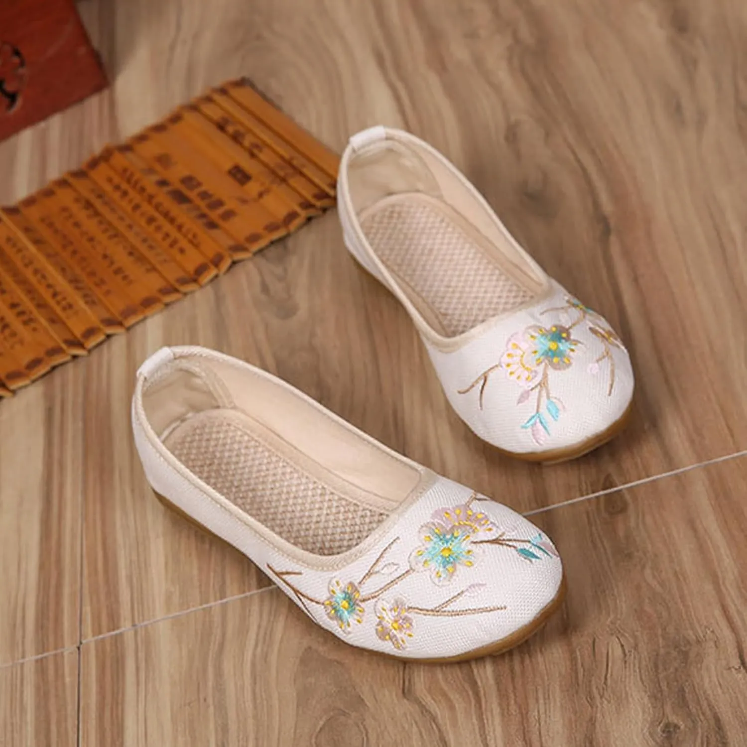 Retro Women's Soft Linen Shoes, Traditional Chinese Fashion Flat Heel Casual Footwear, Slip on Breathable Embroider Flat Shoes,7,A