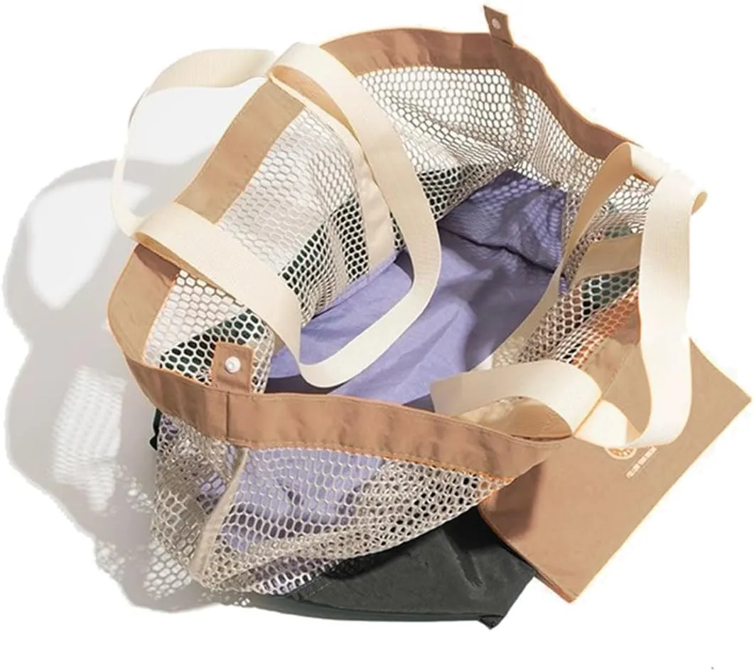 Reversible Mesh Canvas Tote Bag - Two-Tone Patchwork Shoulder Bag, Lightweight & Foldable for Beach, Gym, Travel