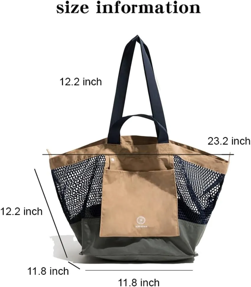 Reversible Mesh Canvas Tote Bag - Two-Tone Patchwork Shoulder Bag, Lightweight & Foldable for Beach, Gym, Travel