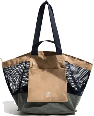 Reversible Mesh Canvas Tote Bag - Two-Tone Patchwork Shoulder Bag, Lightweight & Foldable for Beach, Gym, Travel