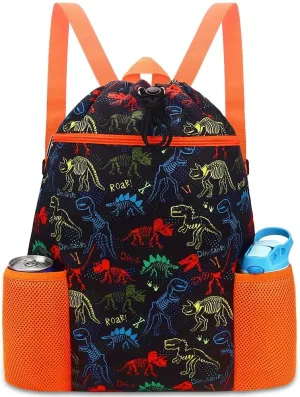 RHCPFOVR Dinosaur Drawstring Backpack for Kids - Drawstring Bags for Girls Swim Bag for Beach Swimming Pool Lightweight Draw String Bags Waterproof Sports Gym Bag With Two Water Bottle Holder