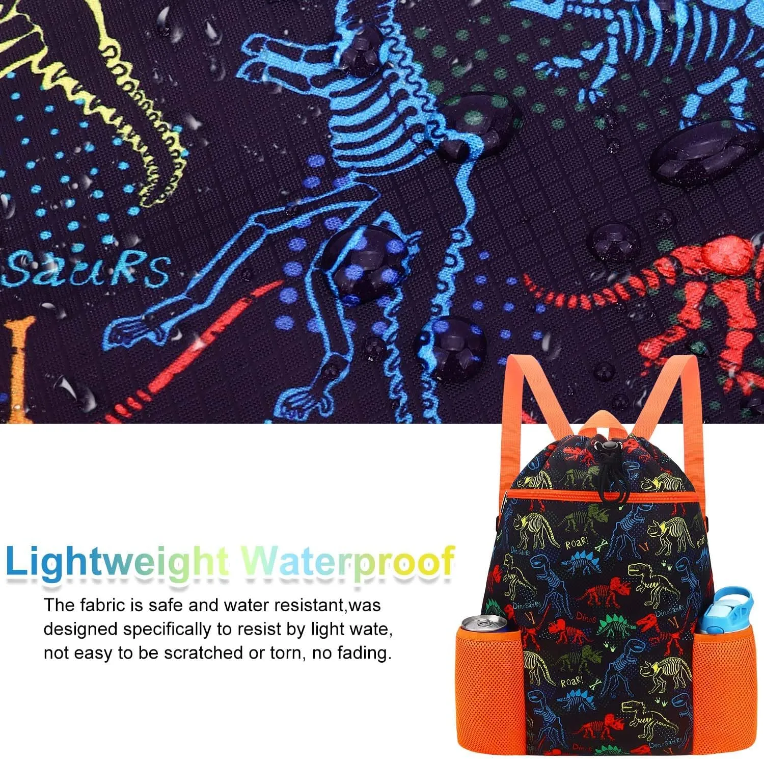 RHCPFOVR Dinosaur Drawstring Backpack for Kids - Drawstring Bags for Girls Swim Bag for Beach Swimming Pool Lightweight Draw String Bags Waterproof Sports Gym Bag With Two Water Bottle Holder