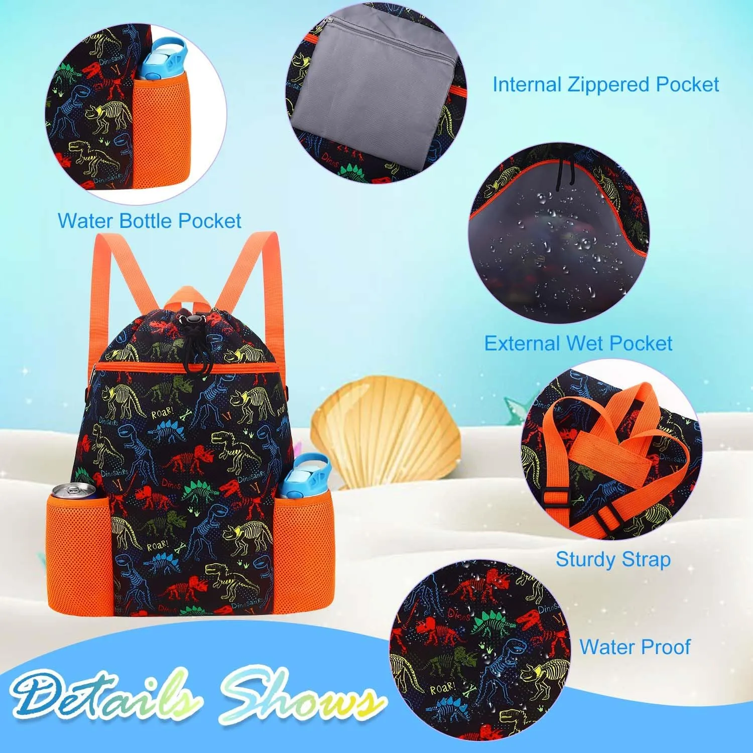 RHCPFOVR Dinosaur Drawstring Backpack for Kids - Drawstring Bags for Girls Swim Bag for Beach Swimming Pool Lightweight Draw String Bags Waterproof Sports Gym Bag With Two Water Bottle Holder