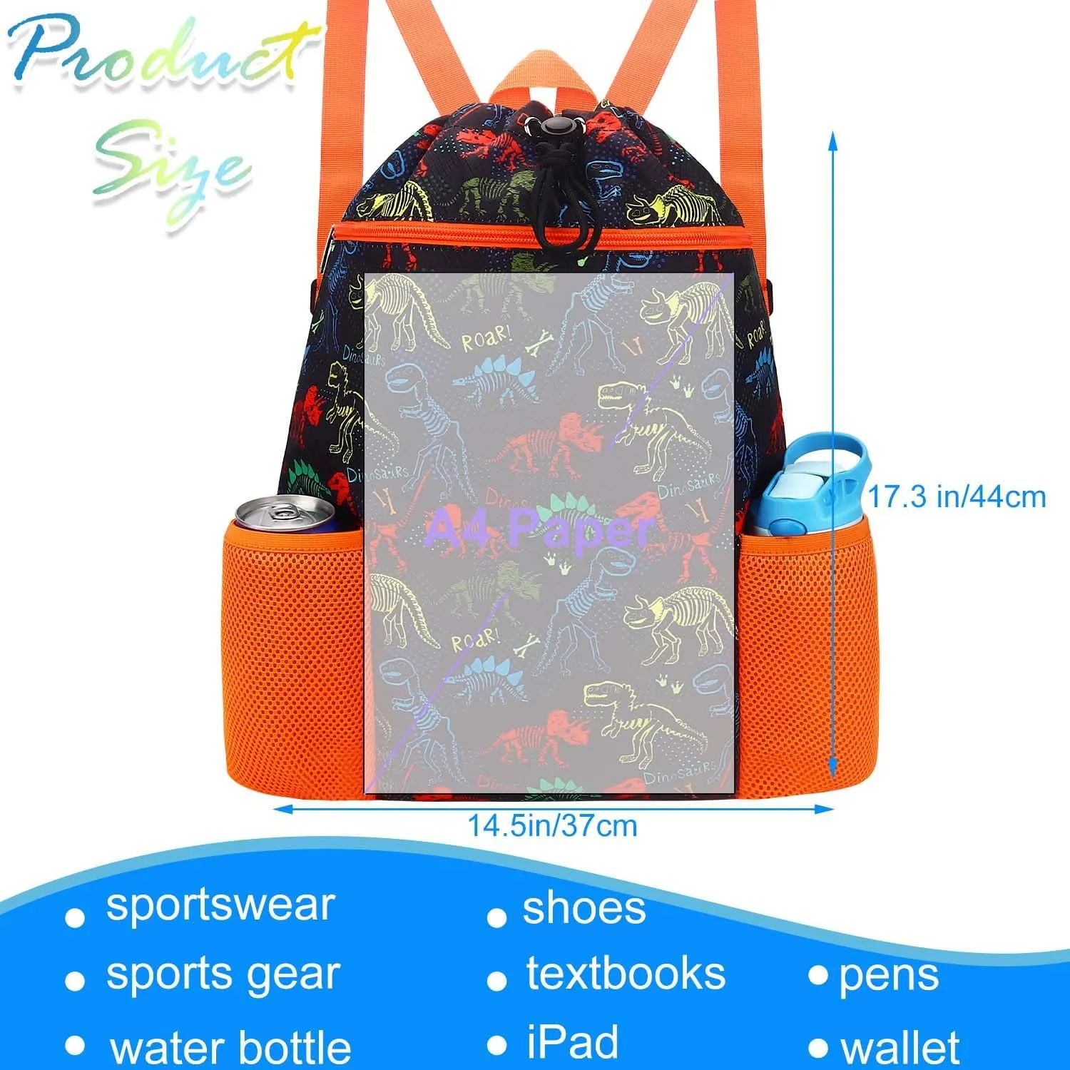 RHCPFOVR Dinosaur Drawstring Backpack for Kids - Drawstring Bags for Girls Swim Bag for Beach Swimming Pool Lightweight Draw String Bags Waterproof Sports Gym Bag With Two Water Bottle Holder